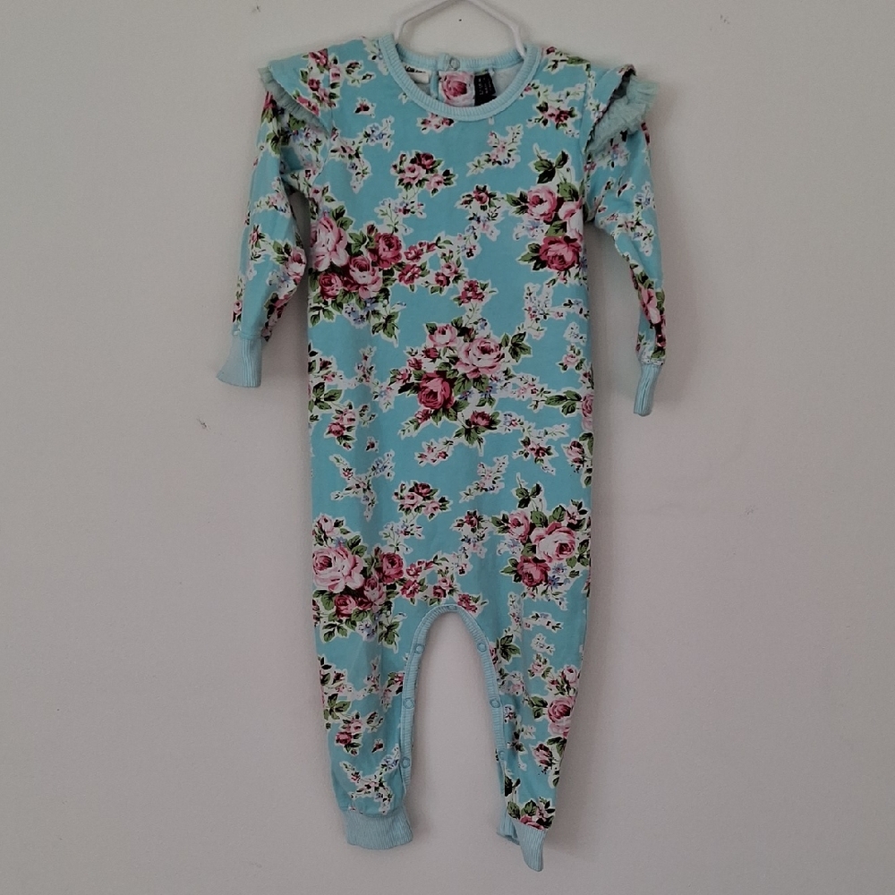 Rock Your Baby Floral Aqua One Piece Romper 12-18m Ruffle Shoulders